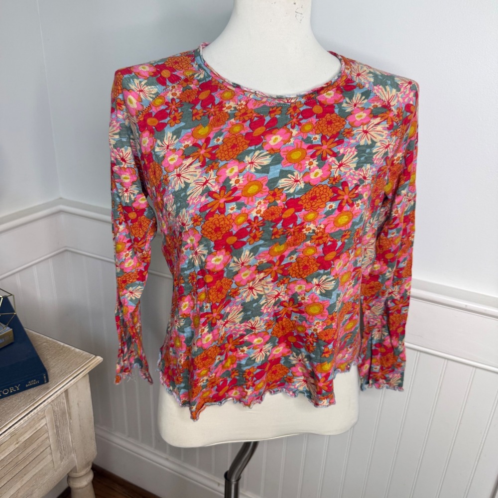 Natural Life Floral Long Sleeve Top Orange Pink Crew Neck Lettuce Edge Large